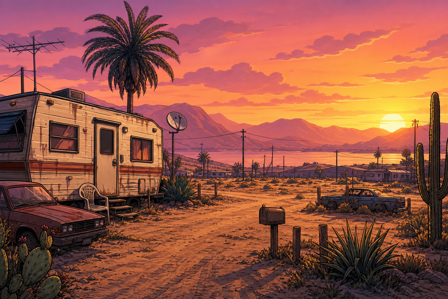 Sandy Shores trailer park at sunset